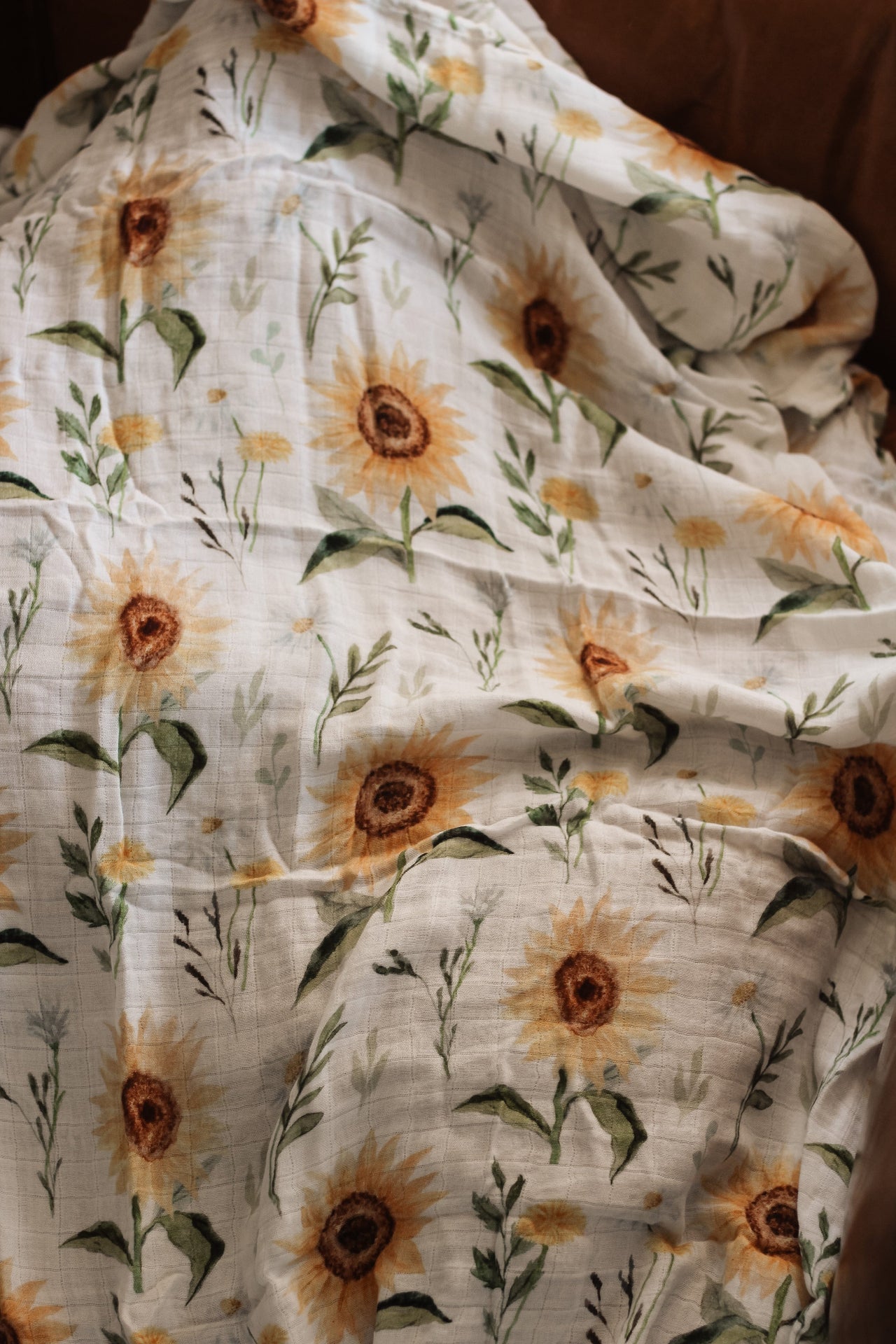 ‘Sunflower Fields’ Organic Muslin Swaddle Wrap (Bamboo + Organic Cotton)